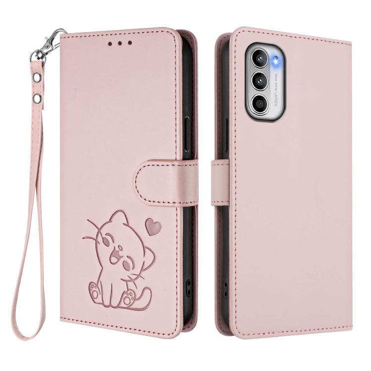 For Motorola Moto G 5G 2022 Embossed Heart Cat Leather Phone Case with Hand Strap
