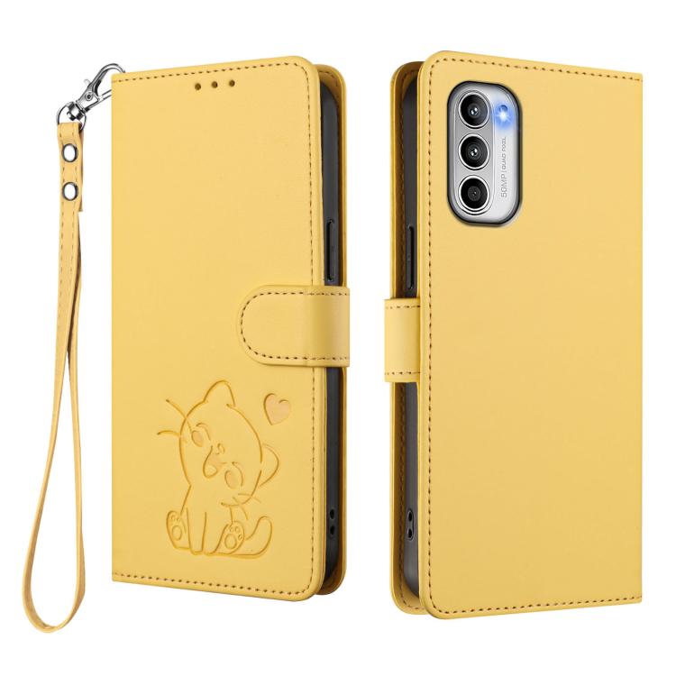 For Motorola Moto G 5G 2022 Embossed Heart Cat Leather Phone Case with Hand Strap