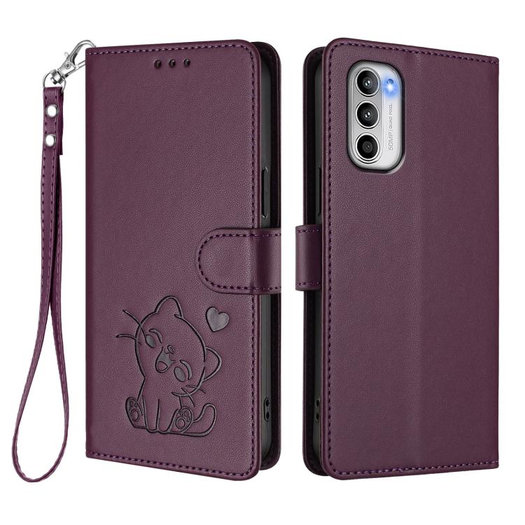 For Motorola Moto G 5G 2022 Embossed Heart Cat Leather Phone Case with Hand Strap