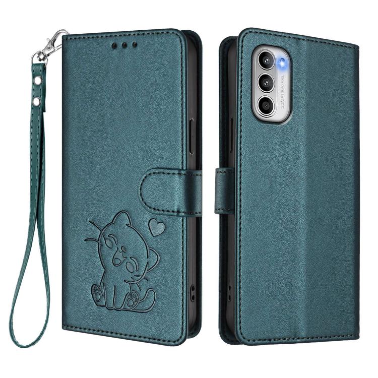 For Motorola Moto G 5G 2022 Embossed Heart Cat Leather Phone Case with Hand Strap
