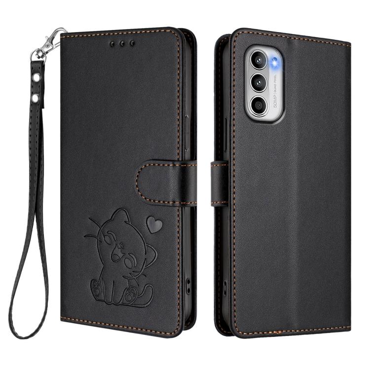 For Motorola Moto G 5G 2022 Embossed Heart Cat Leather Phone Case with Hand Strap