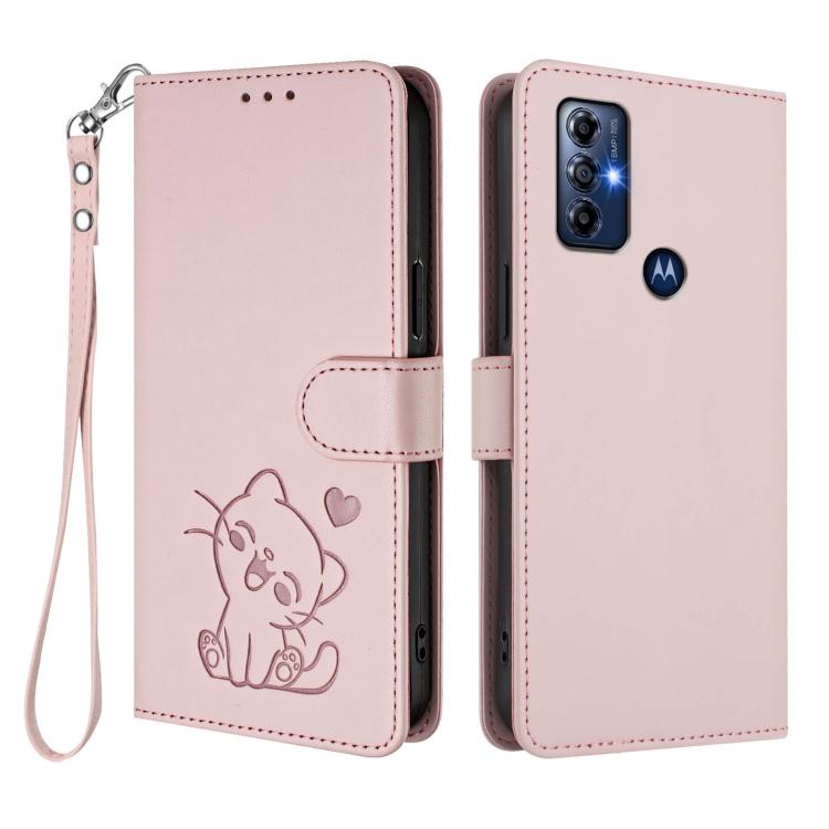 For Motorola Moto G Play 2022 Embossed Heart Cat Leather Phone Case with Hand Strap