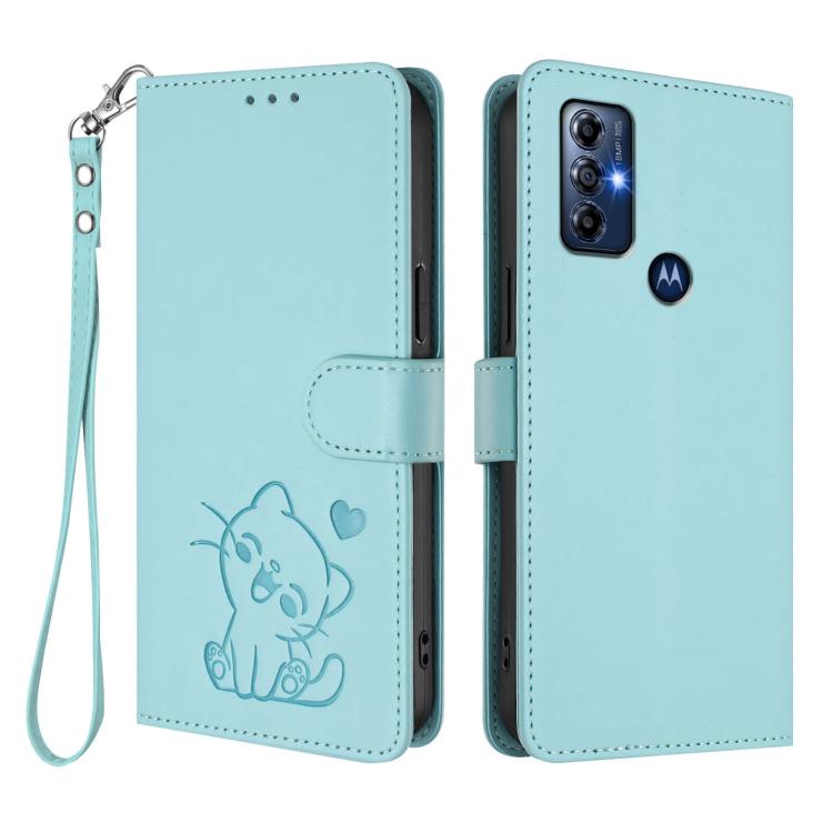 For Motorola Moto G Play 2022 Embossed Heart Cat Leather Phone Case with Hand Strap