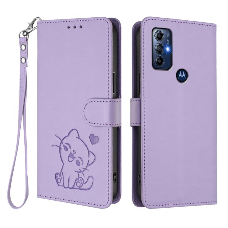 For Motorola Moto G Play 2022 Embossed Heart Cat Leather Phone Case with Hand Strap