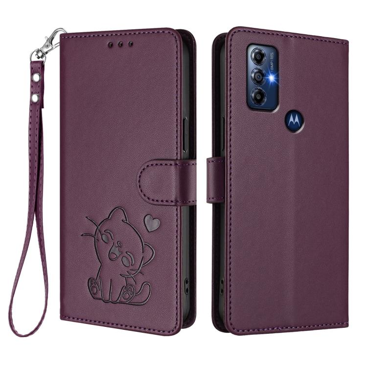 For Motorola Moto G Play 2022 Embossed Heart Cat Leather Phone Case with Hand Strap