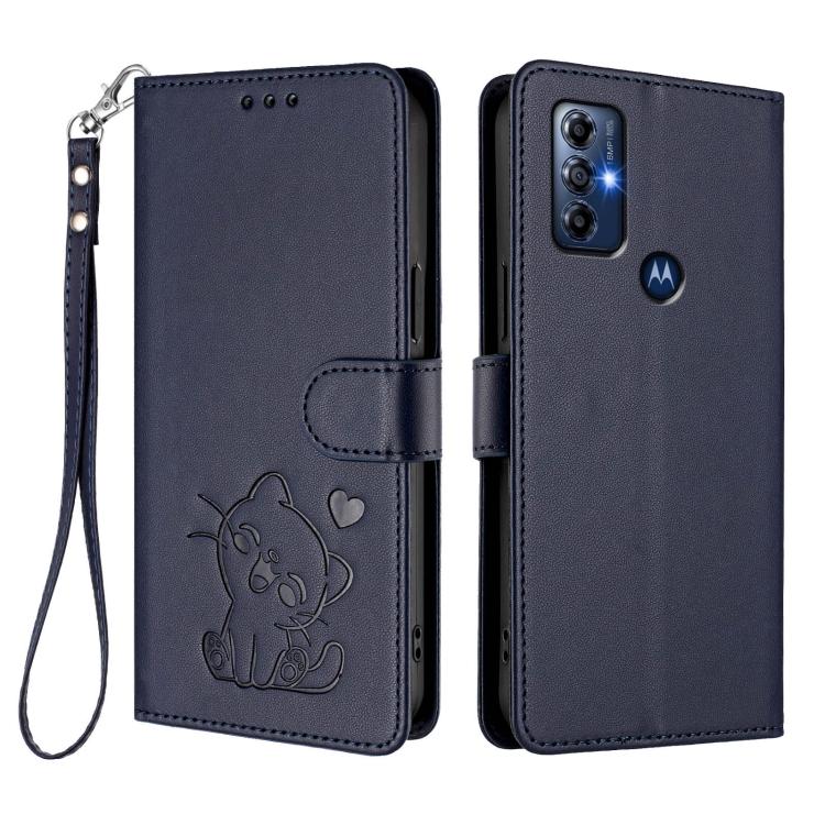 For Motorola Moto G Play 2022 Embossed Heart Cat Leather Phone Case with Hand Strap