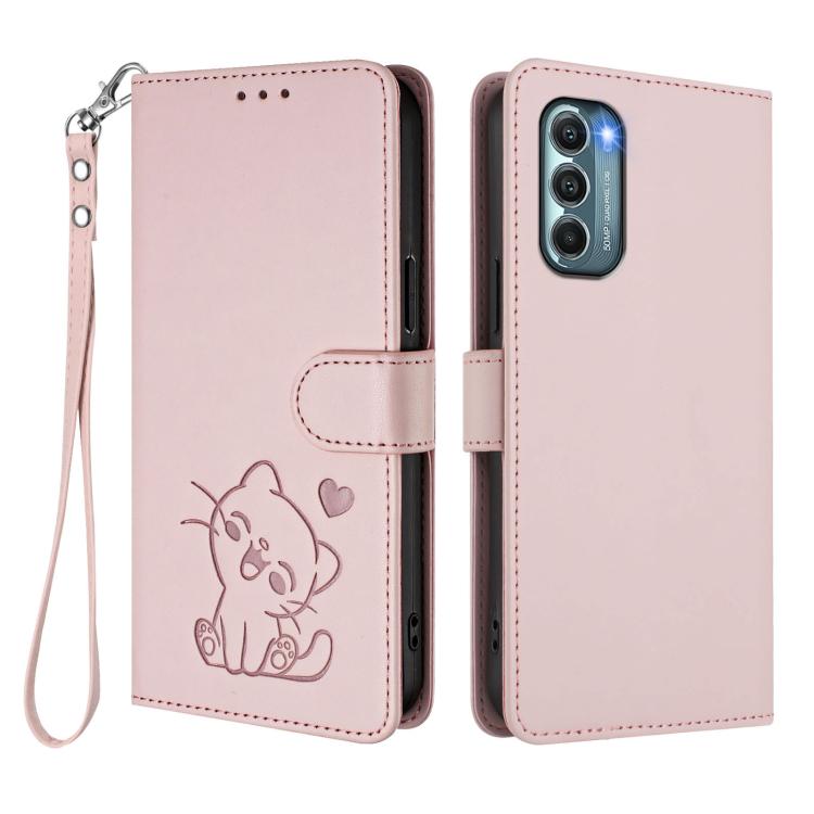 For Motorola Moto G Stylus 2022 5G Embossed Heart Cat Leather Phone Case with Hand Strap