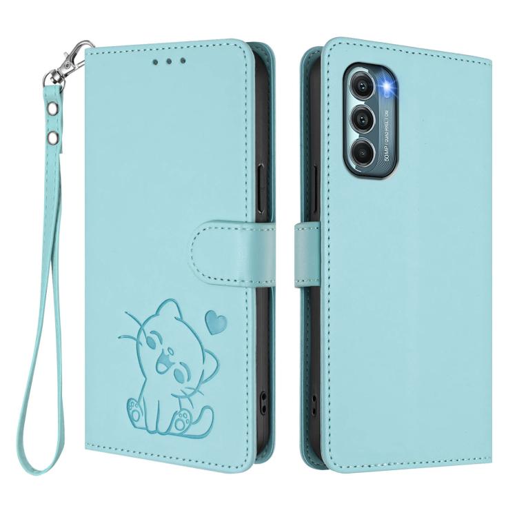 For Motorola Moto G Stylus 2022 5G Embossed Heart Cat Leather Phone Case with Hand Strap