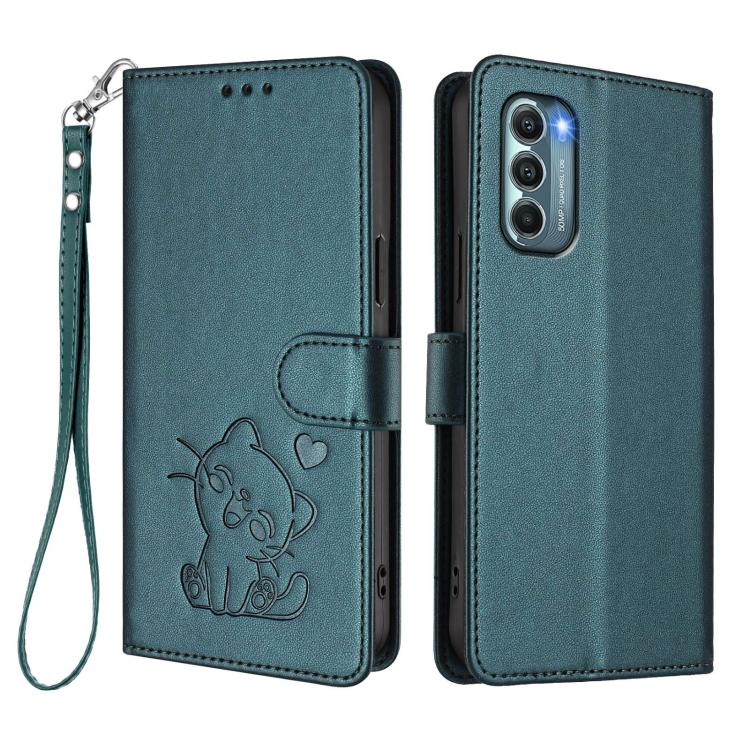 For Motorola Moto G Stylus 2022 5G Embossed Heart Cat Leather Phone Case with Hand Strap