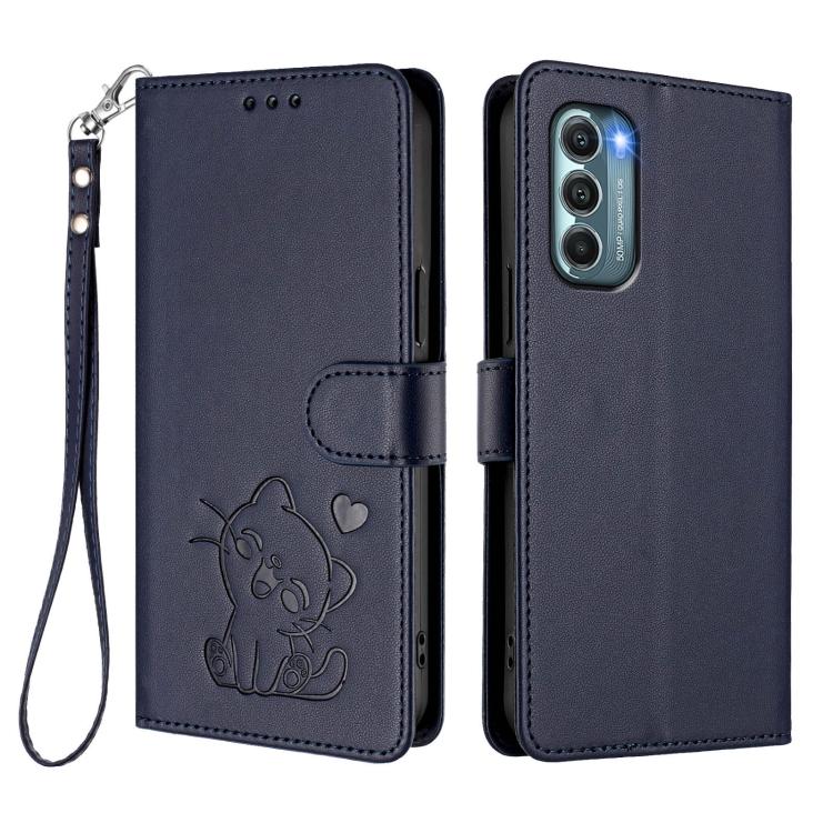 For Motorola Moto G Stylus 2022 5G Embossed Heart Cat Leather Phone Case with Hand Strap