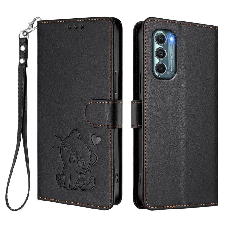 For Motorola Moto G Stylus 2022 5G Embossed Heart Cat Leather Phone Case with Hand Strap