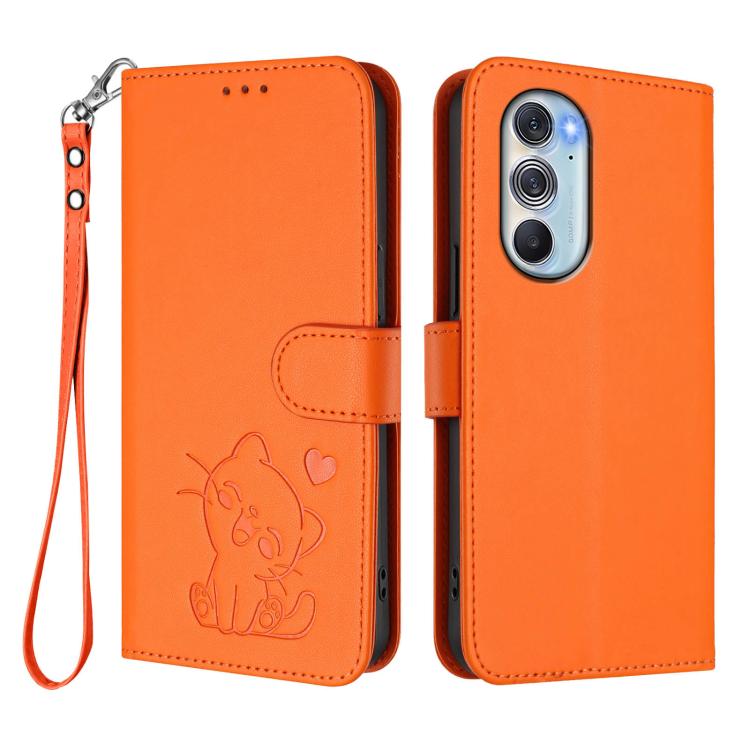 For Motorola Edge X30 / 30 Pro Embossed Heart Cat Leather Phone Case with Hand Strap