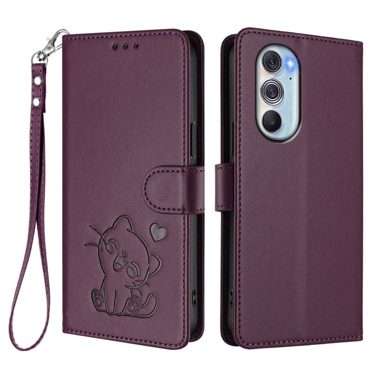 For Motorola Edge X30 / 30 Pro Embossed Heart Cat Leather Phone Case with Hand Strap