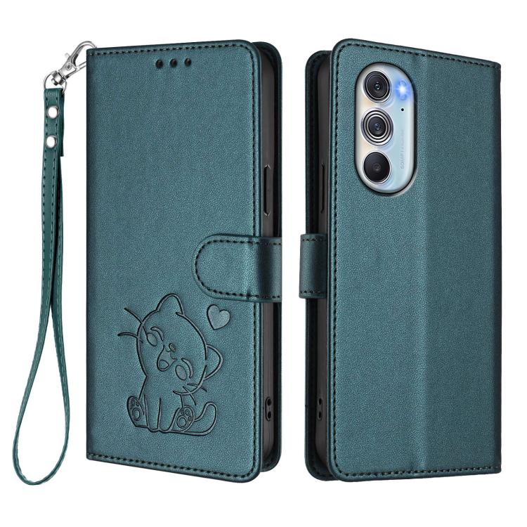 For Motorola Edge X30 / 30 Pro Embossed Heart Cat Leather Phone Case with Hand Strap