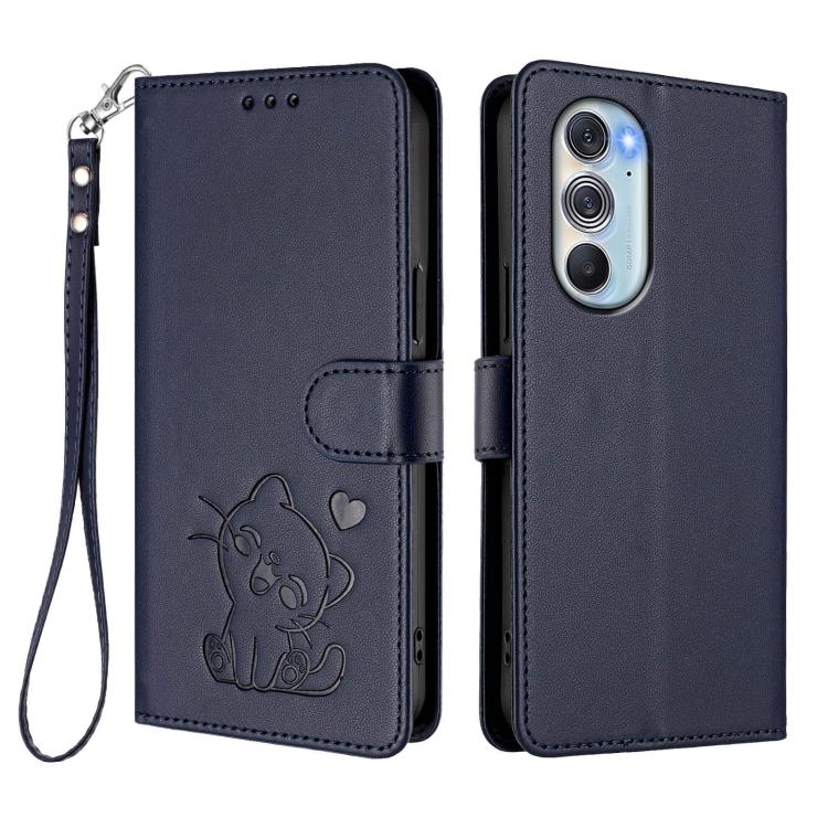 For Motorola Edge X30 / 30 Pro Embossed Heart Cat Leather Phone Case with Hand Strap