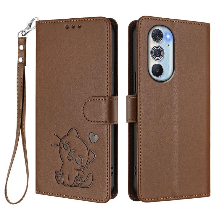 For Motorola Edge X30 / 30 Pro Embossed Heart Cat Leather Phone Case with Hand Strap