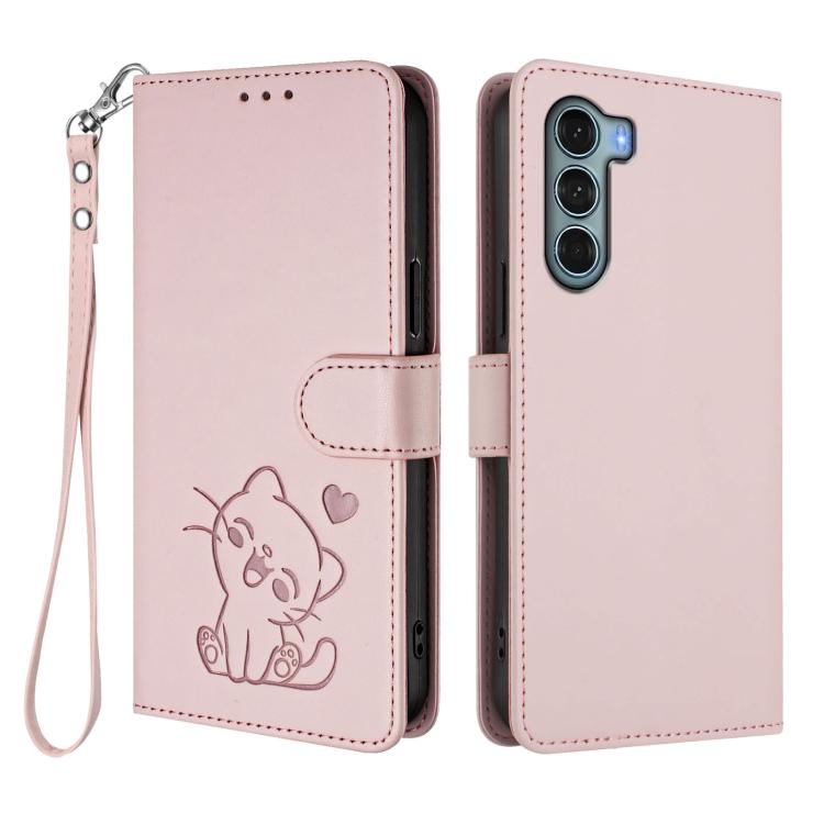 For Motorola Moto G200 5G / Edge S30 Embossed Heart Cat Leather Phone Case with Hand Strap