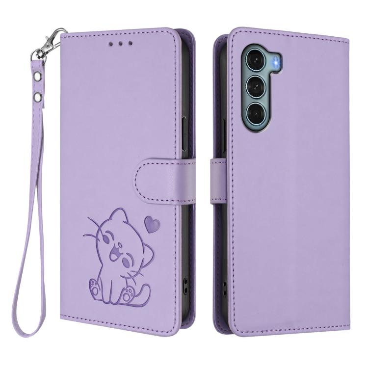 For Motorola Moto G200 5G / Edge S30 Embossed Heart Cat Leather Phone Case with Hand Strap