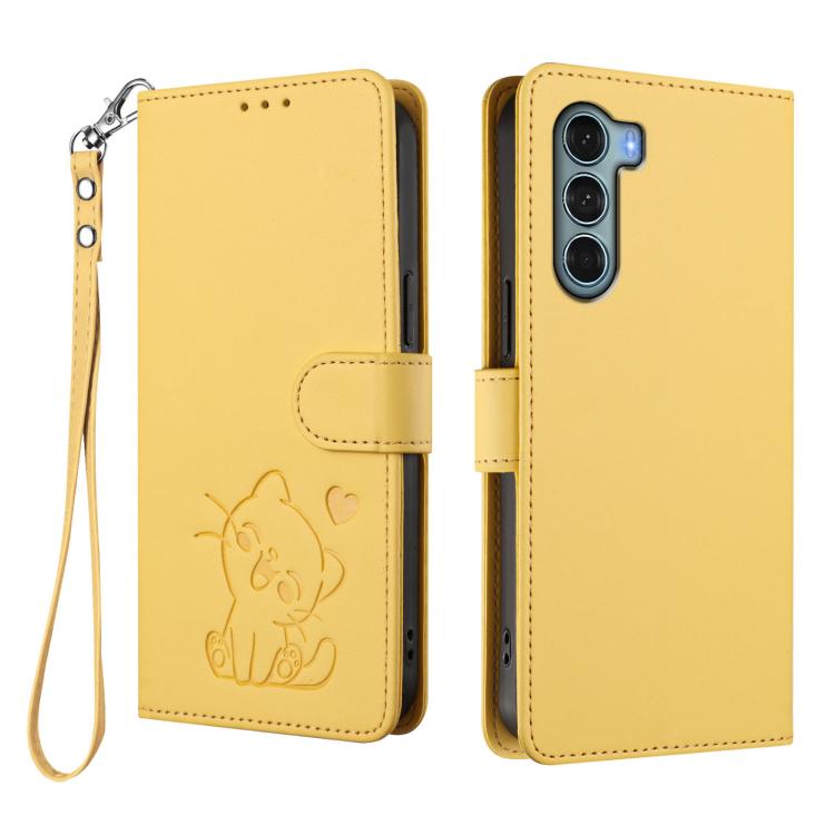 For Motorola Moto G200 5G / Edge S30 Embossed Heart Cat Leather Phone Case with Hand Strap
