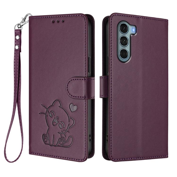 For Motorola Moto G200 5G / Edge S30 Embossed Heart Cat Leather Phone Case with Hand Strap