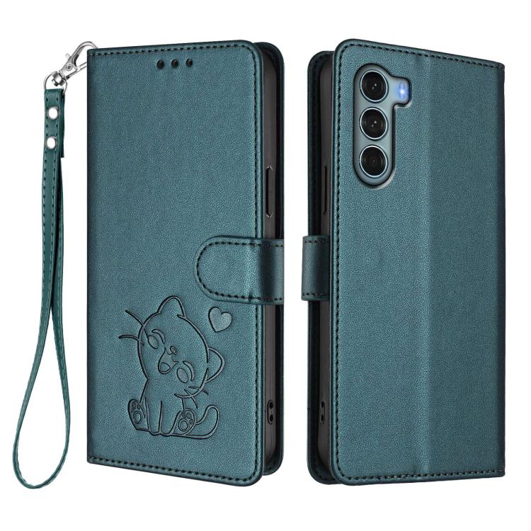 For Motorola Moto G200 5G / Edge S30 Embossed Heart Cat Leather Phone Case with Hand Strap