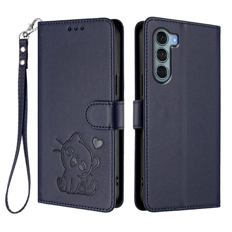 For Motorola Moto G200 5G / Edge S30 Embossed Heart Cat Leather Phone Case with Hand Strap