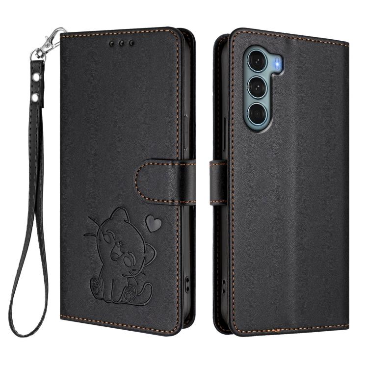 For Motorola Moto G200 5G / Edge S30 Embossed Heart Cat Leather Phone Case with Hand Strap