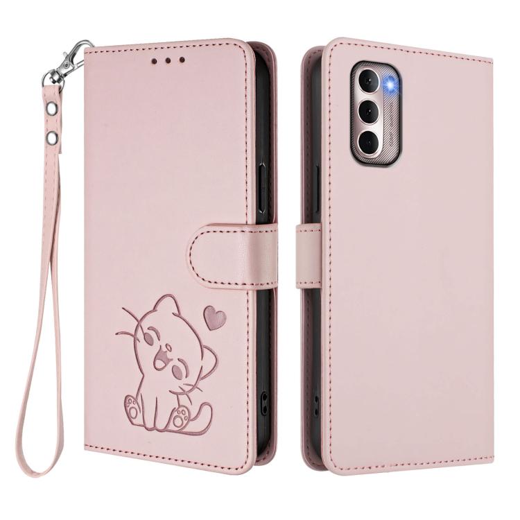 For Motorola Moto G Stylus 2022 4G Embossed Heart Cat Leather Phone Case with Hand Strap