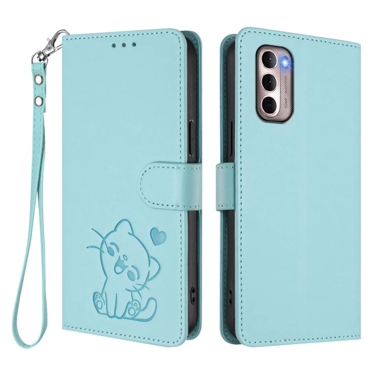 For Motorola Moto G Stylus 2022 4G Embossed Heart Cat Leather Phone Case with Hand Strap