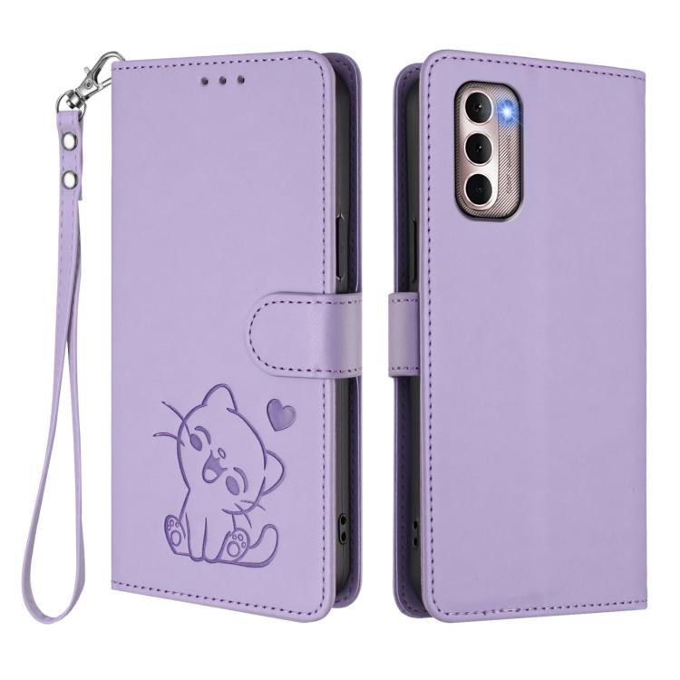 For Motorola Moto G Stylus 2022 4G Embossed Heart Cat Leather Phone Case with Hand Strap