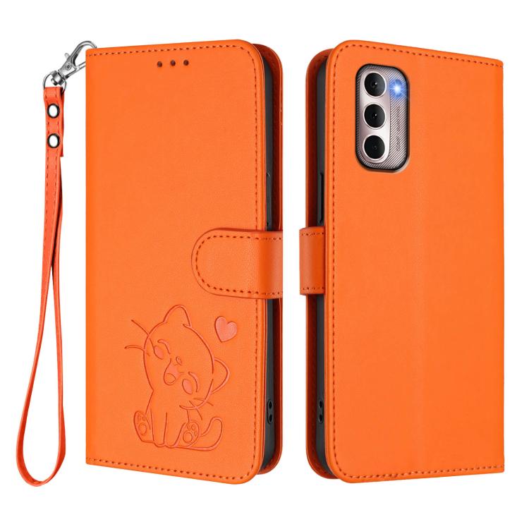 For Motorola Moto G Stylus 2022 4G Embossed Heart Cat Leather Phone Case with Hand Strap