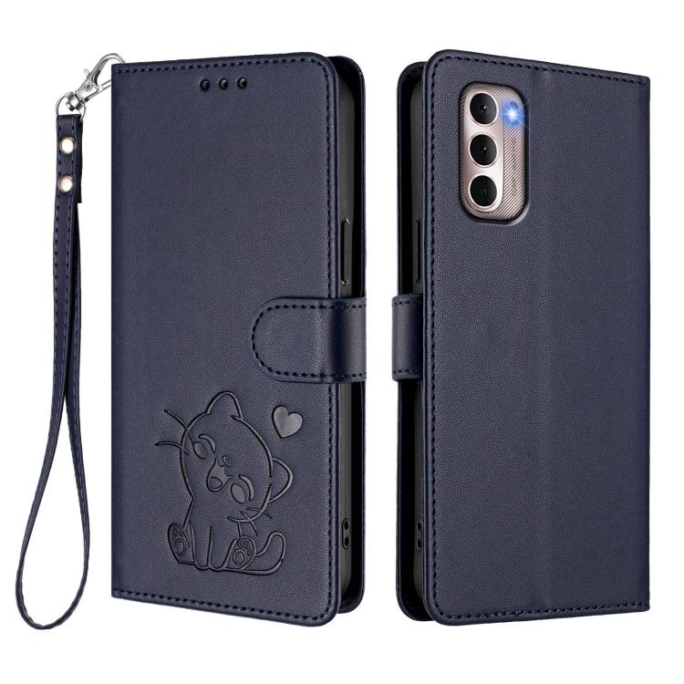 For Motorola Moto G Stylus 2022 4G Embossed Heart Cat Leather Phone Case with Hand Strap