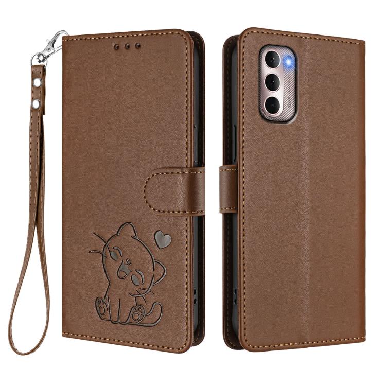 For Motorola Moto G Stylus 2022 4G Embossed Heart Cat Leather Phone Case with Hand Strap