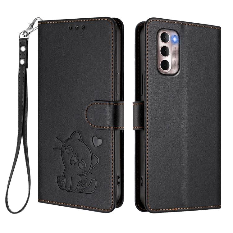 For Motorola Moto G Stylus 2022 4G Embossed Heart Cat Leather Phone Case with Hand Strap