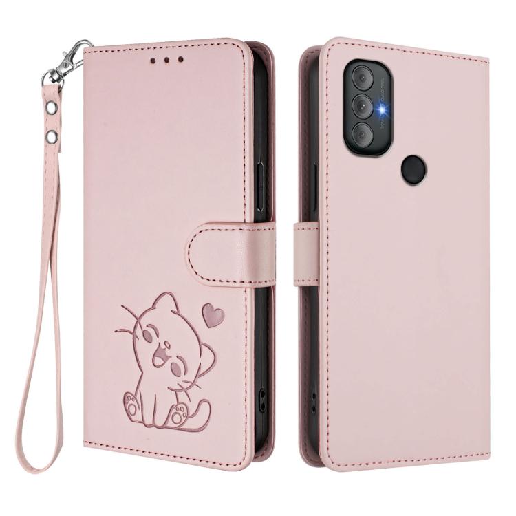 For Motorola Moto G Power 2022 Embossed Heart Cat Leather Phone Case with Hand Strap