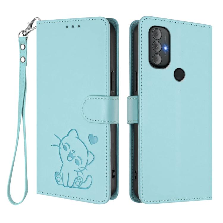 For Motorola Moto G Power 2022 Embossed Heart Cat Leather Phone Case with Hand Strap