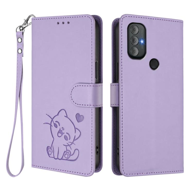 For Motorola Moto G Power 2022 Embossed Heart Cat Leather Phone Case with Hand Strap