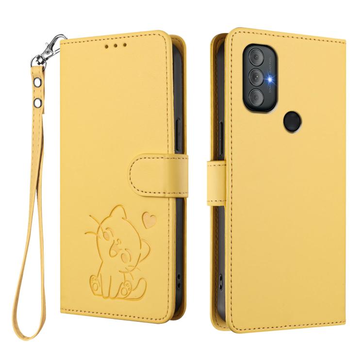 For Motorola Moto G Power 2022 Embossed Heart Cat Leather Phone Case with Hand Strap