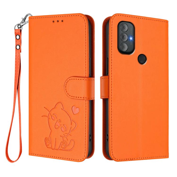 For Motorola Moto G Power 2022 Embossed Heart Cat Leather Phone Case with Hand Strap