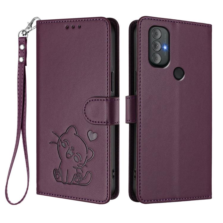 For Motorola Moto G Power 2022 Embossed Heart Cat Leather Phone Case with Hand Strap