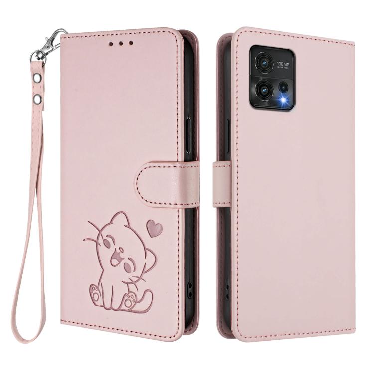 For Motorola Moto G72 Embossed Heart Cat Leather Phone Case with Hand Strap