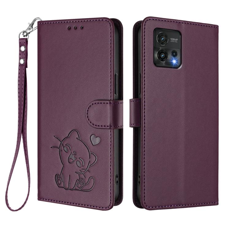 For Motorola Moto G72 Embossed Heart Cat Leather Phone Case with Hand Strap