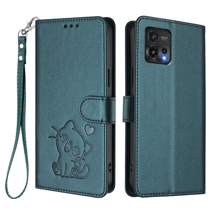 For Motorola Moto G72 Embossed Heart Cat Leather Phone Case with Hand Strap