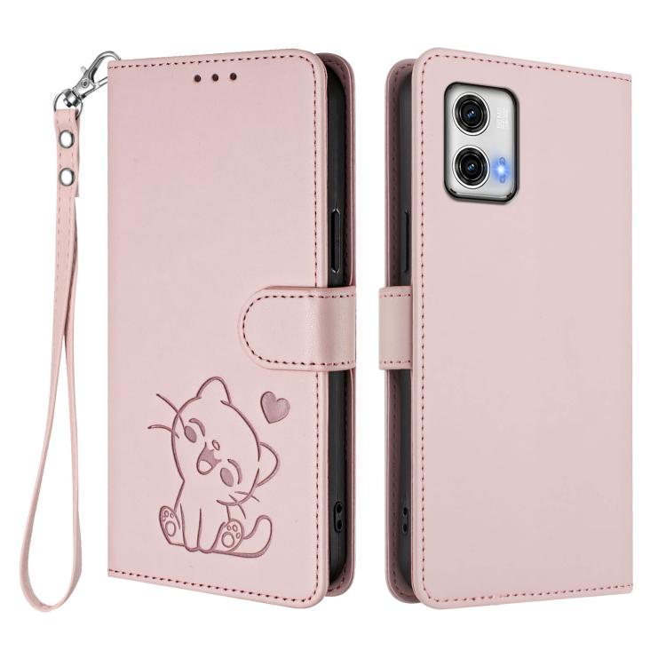 For Motorola Moto G73 5G Embossed Heart Cat Leather Phone Case with Hand Strap