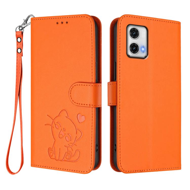 For Motorola Moto G73 5G Embossed Heart Cat Leather Phone Case with Hand Strap