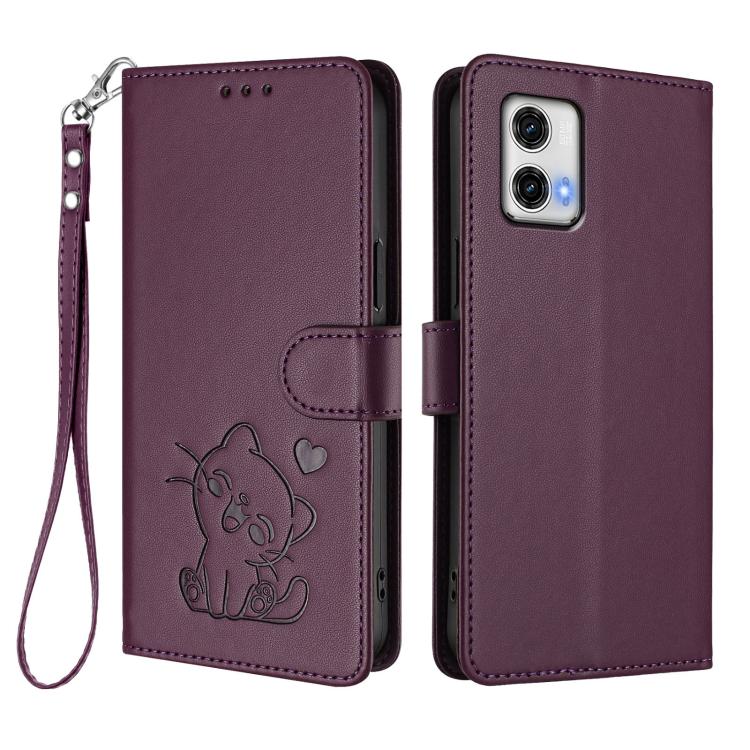 For Motorola Moto G73 5G Embossed Heart Cat Leather Phone Case with Hand Strap