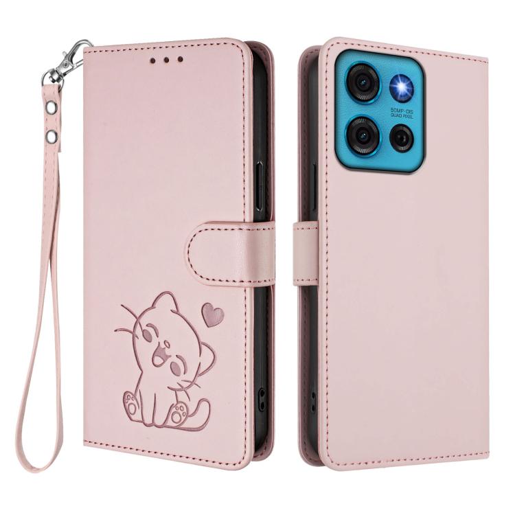 For Motorola Moto G75 5G Embossed Heart Cat Leather Phone Case with Hand Strap