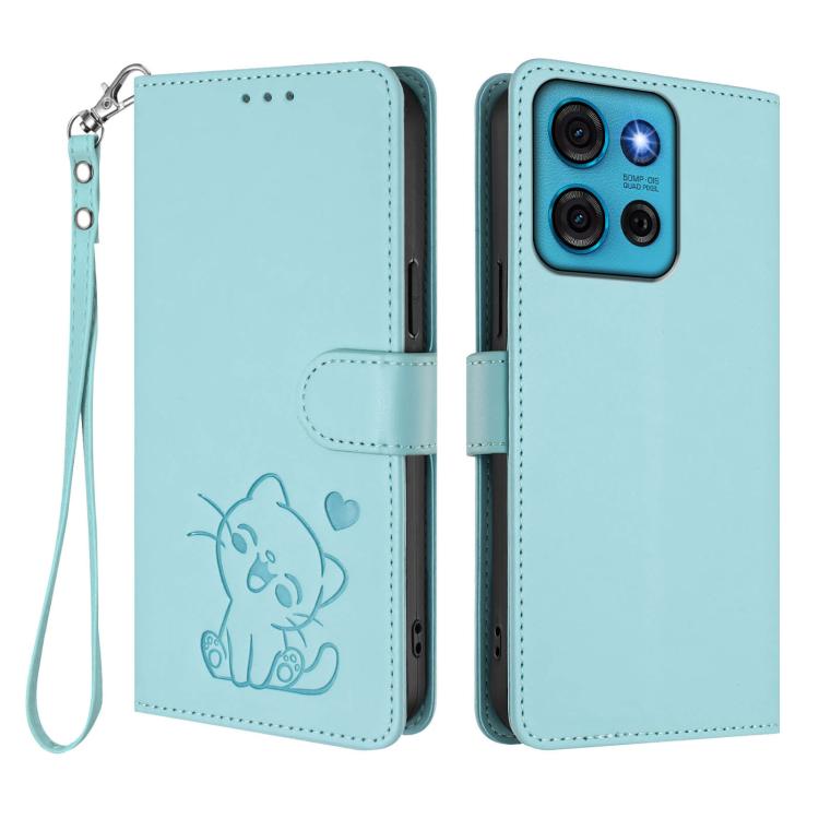 For Motorola Moto G75 5G Embossed Heart Cat Leather Phone Case with Hand Strap