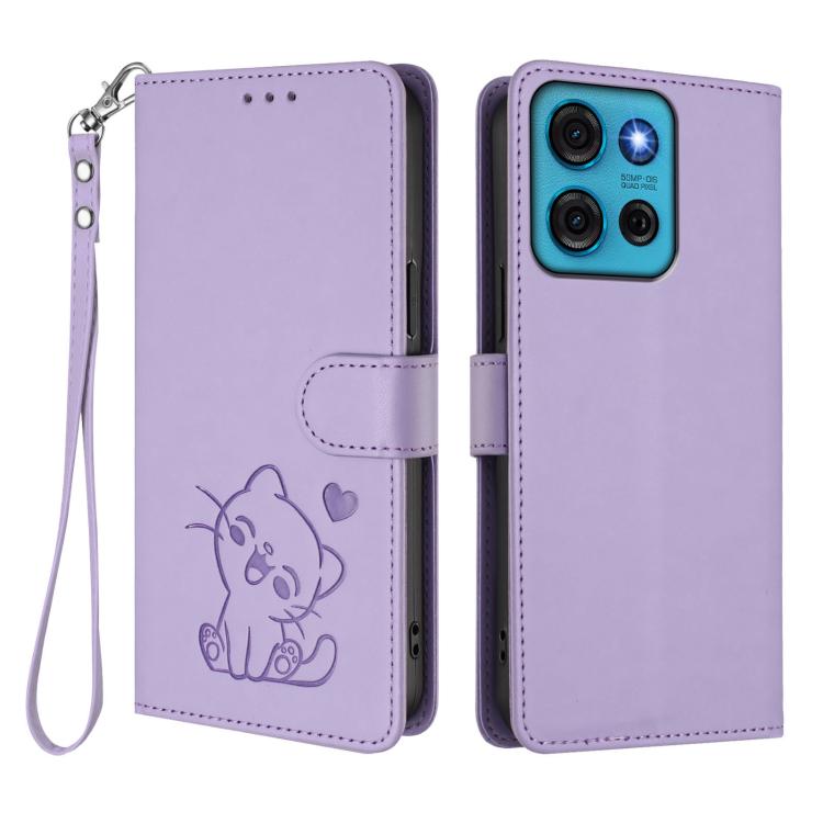 For Motorola Moto G75 5G Embossed Heart Cat Leather Phone Case with Hand Strap