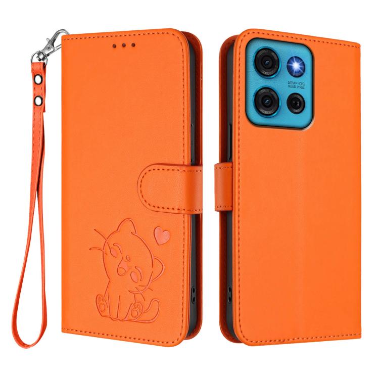 For Motorola Moto G75 5G Embossed Heart Cat Leather Phone Case with Hand Strap